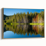 Framed canvas of Lake Tahoe with a vintage poster style in black and gold tones, ideal for bedroom decor.