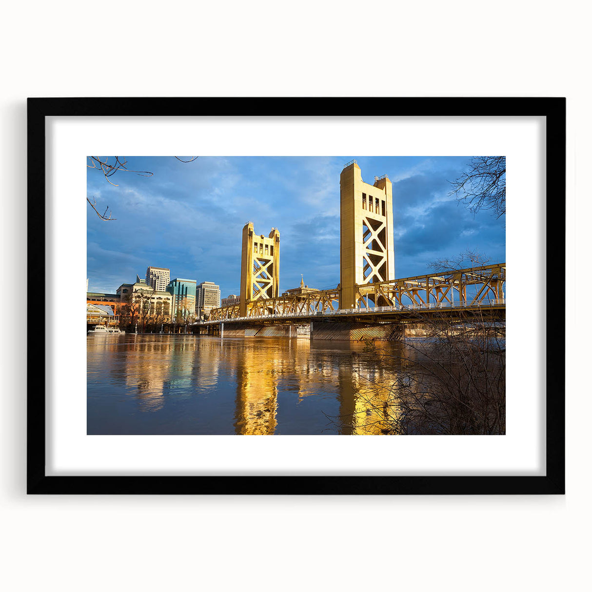 Extra large abstract art print of colorful, textured Sacramento scenery on a black framed canvas.