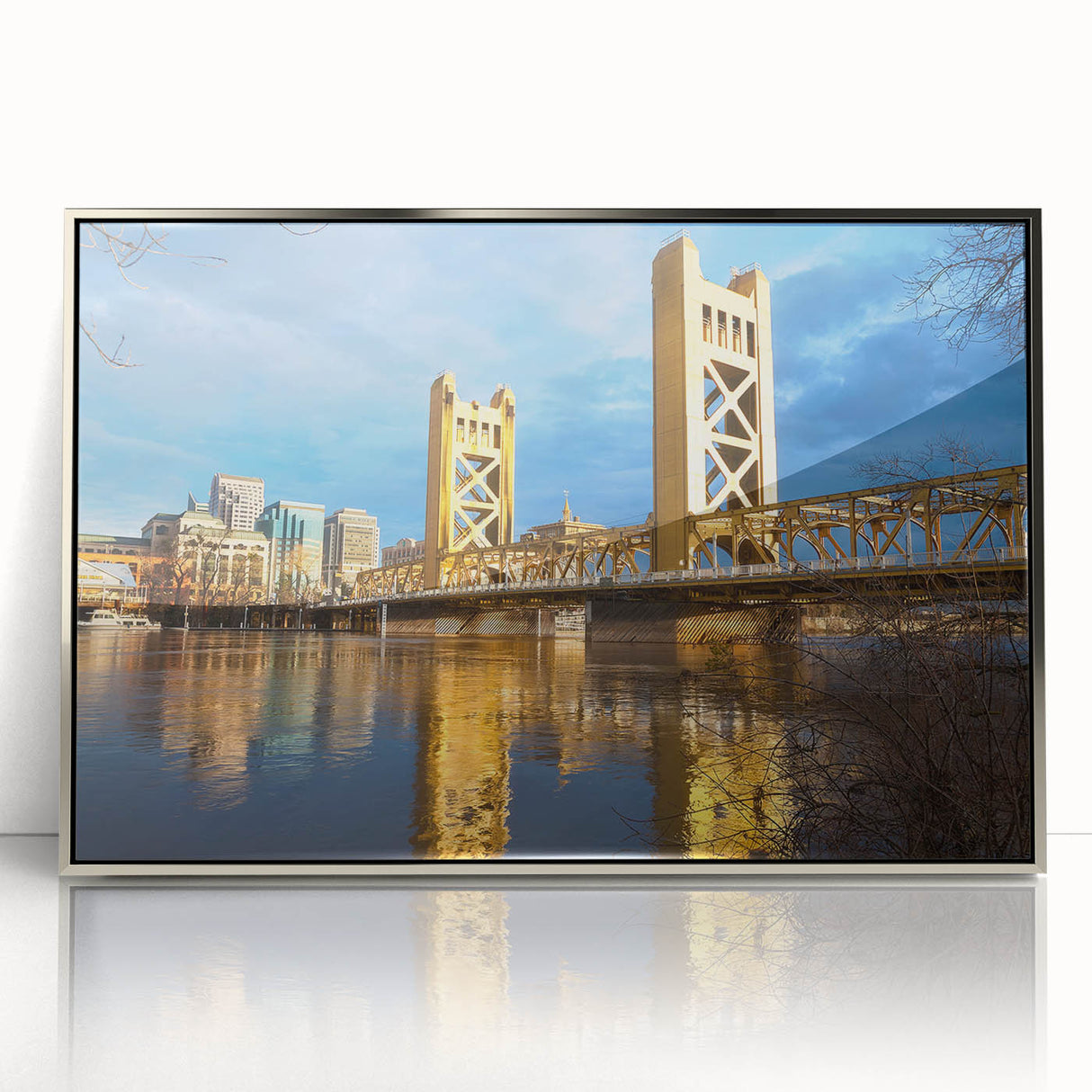 Mid-century modernist art of Sacramento skyline in muted silver tones, acrylic framed print.