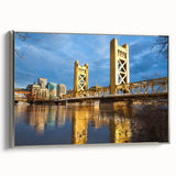 Framed canvas landscape art painting of Sacramento, featuring a vintage poster style with colorful and black elements.