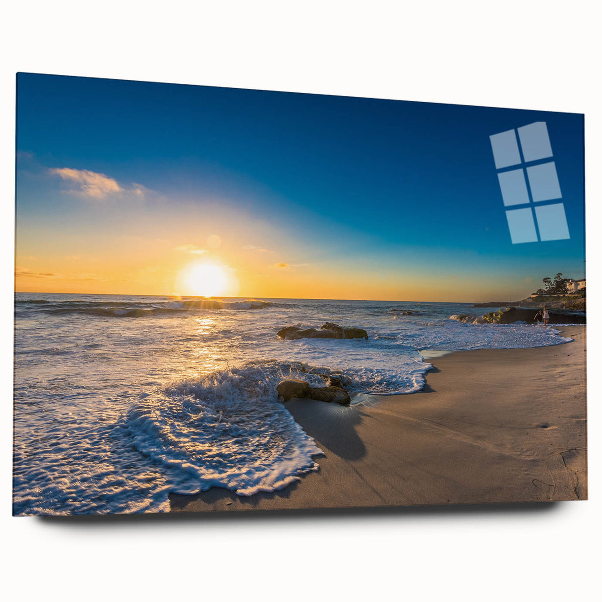 Large abstract wall art of San Diego scenery in muted blue and green hues on acrylic glass.
