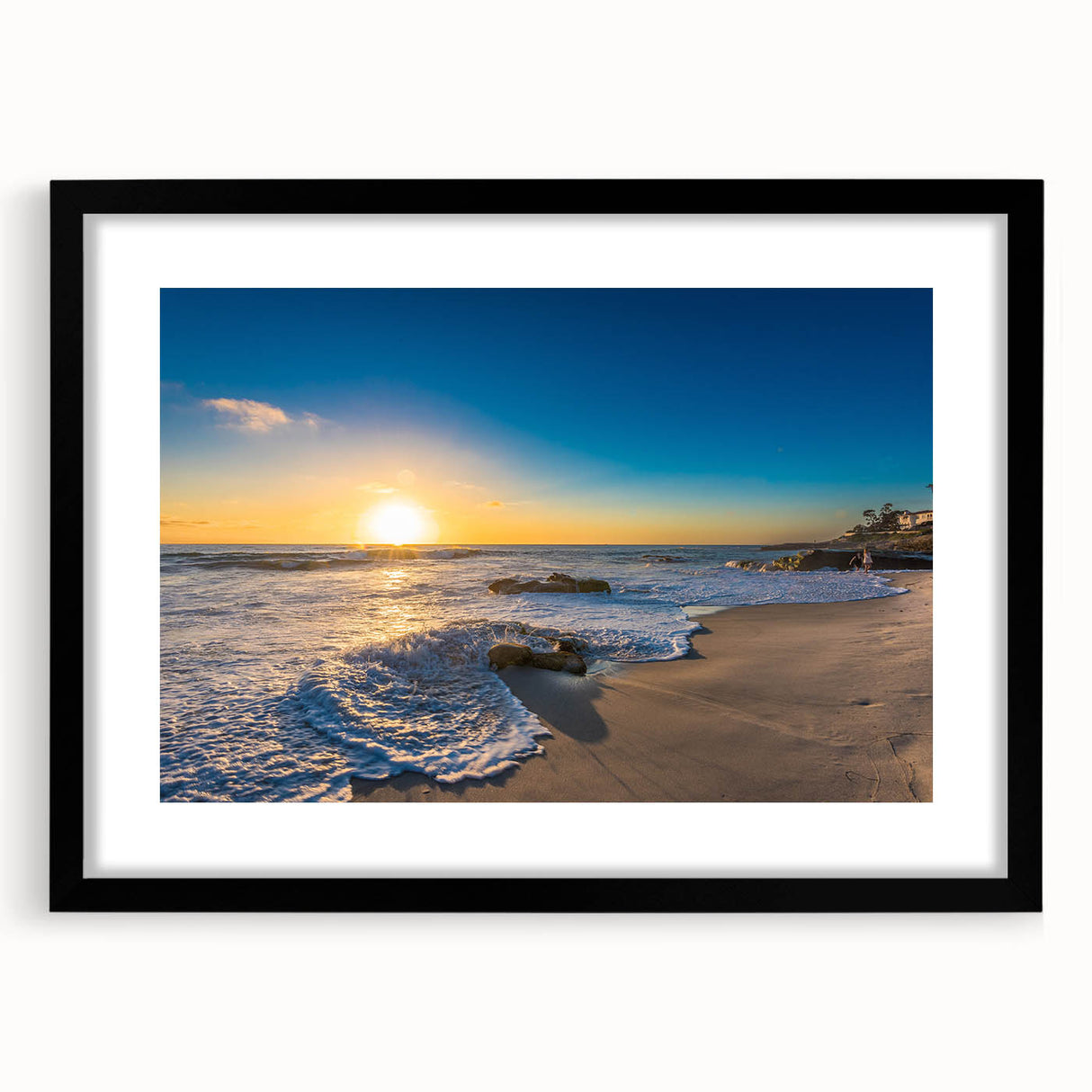 Abstract art print of a colorful San Diego scenery in vibrant hues on a large framed canvas, ideal for living room decor.