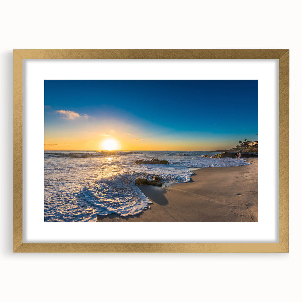 Extra large abstract art print of San Diego scenery in muted earth tones on a textured canvas, framed in gold.