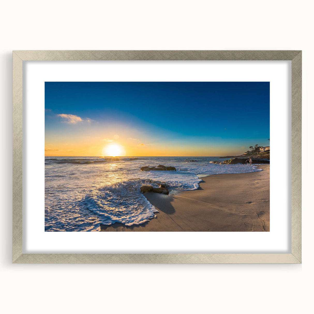 Textured abstract art print of San Diego scenery in muted blue tones, framed in silver, ideal for bedroom art.