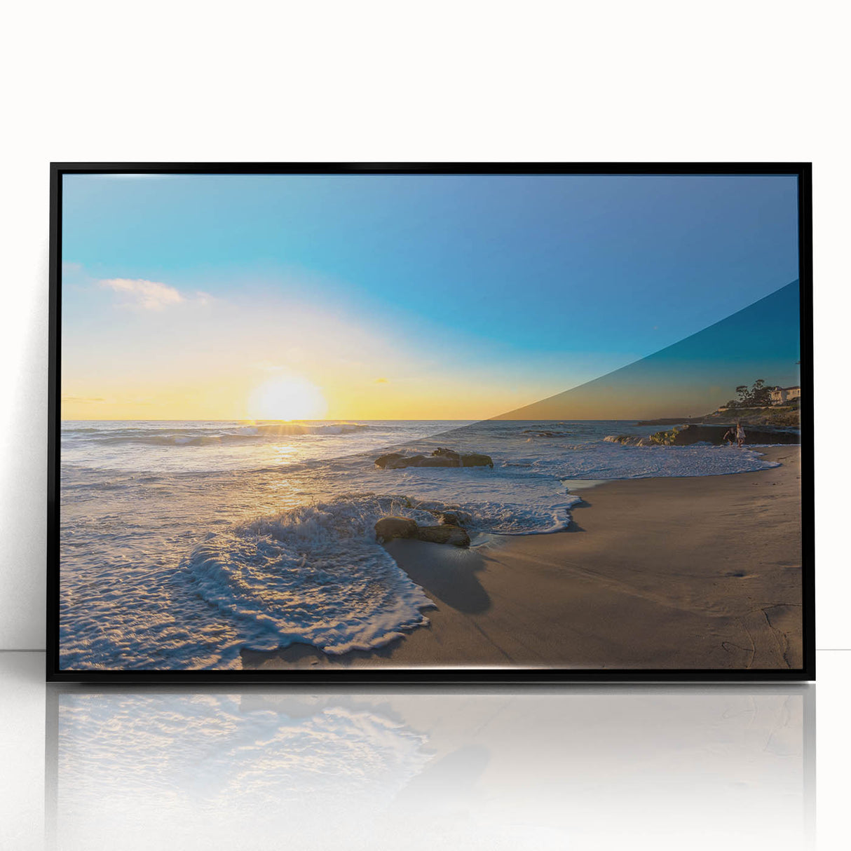 Large abstract wall art featuring a colorful San Diego skyline on a black framed acrylic print.