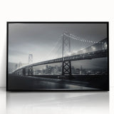 Large abstract wall art depicting the San Francisco skyline in muted gray tones, framed in black acrylic.