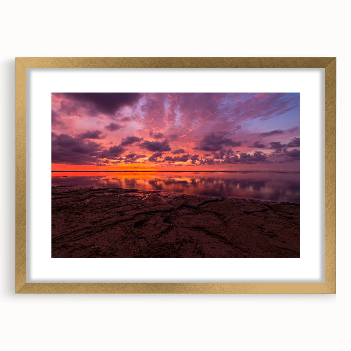 Extra large abstract art print of Santa Cruz scenery in gold frame, featuring textured design and muted earth tones.