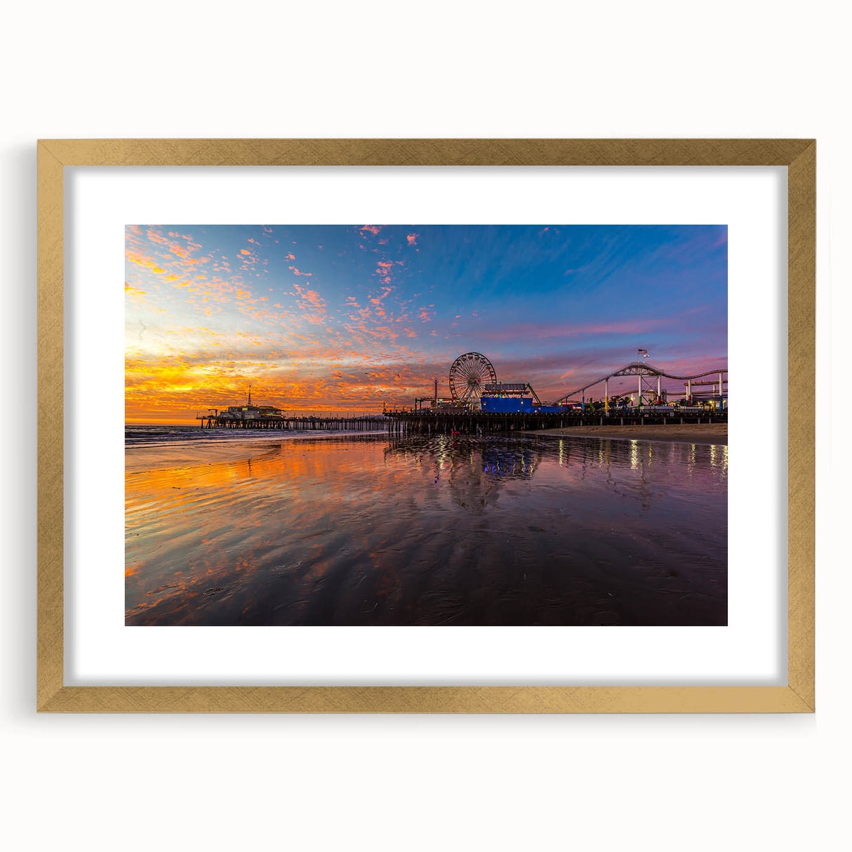 Extra large abstract art print of Santa Monica in textured style, featuring muted earth tones on a framed canvas.