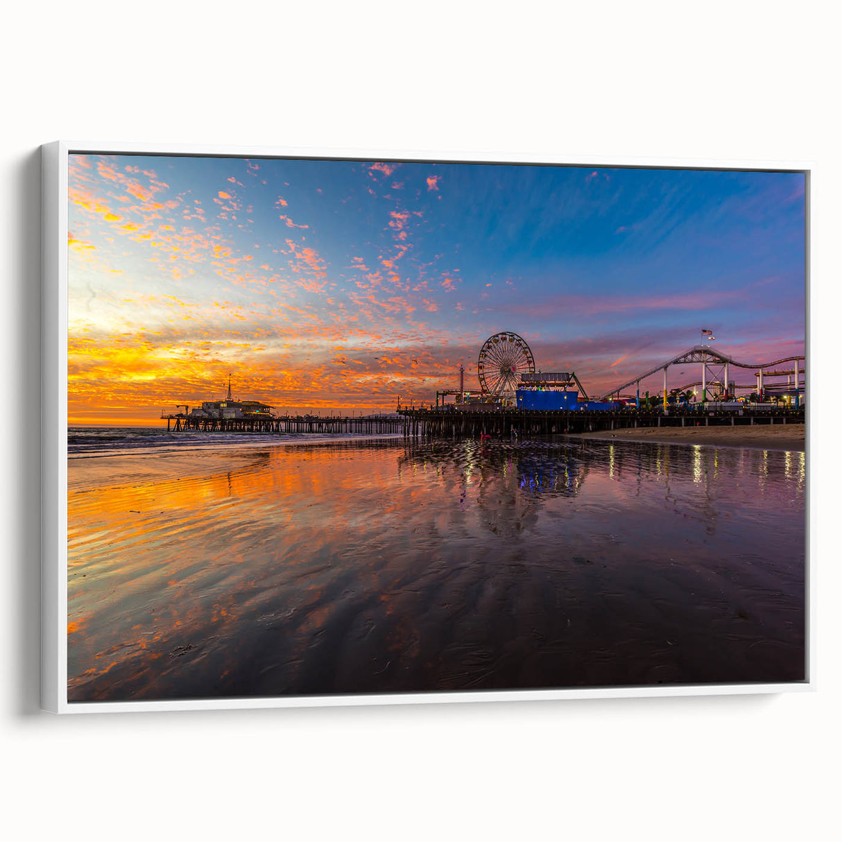 Vintage poster art of Santa Monica scenery on a white-framed canvas, featuring vibrant colors, ideal for living room decor.