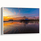 Vintage poster art of Santa Monica scenery on a white-framed canvas, featuring vibrant colors, ideal for living room decor.