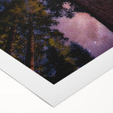 Art deco poster featuring a serene California sequoia landscape in soft green and brown tones on rolled canvas.