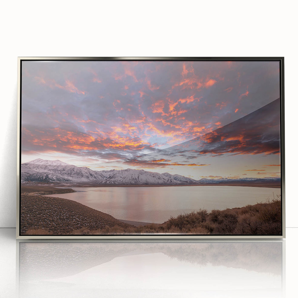 Mid-century modernist art depicting the Sierra Nevada in muted earth tones, framed acrylic, ideal for nursery wall art.