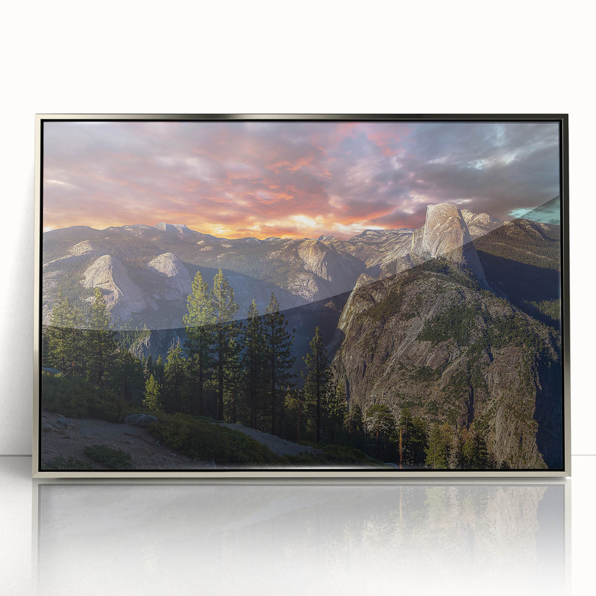 Mid-century modernist art depicting Yosemite scenery in muted earth tones on a silver-framed acrylic print.