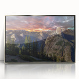 Mid-century modernist art depicting Yosemite scenery in muted earth tones on a silver-framed acrylic print.