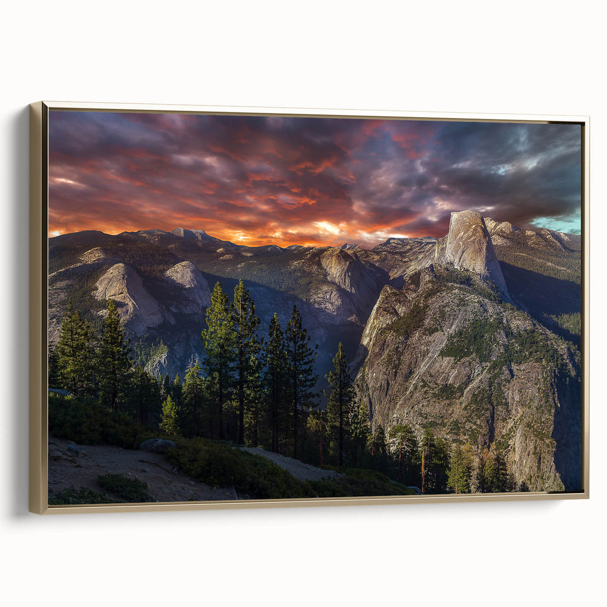 Framed canvas of Yosemite landscape in muted earth tones, ideal for bedroom wall art.