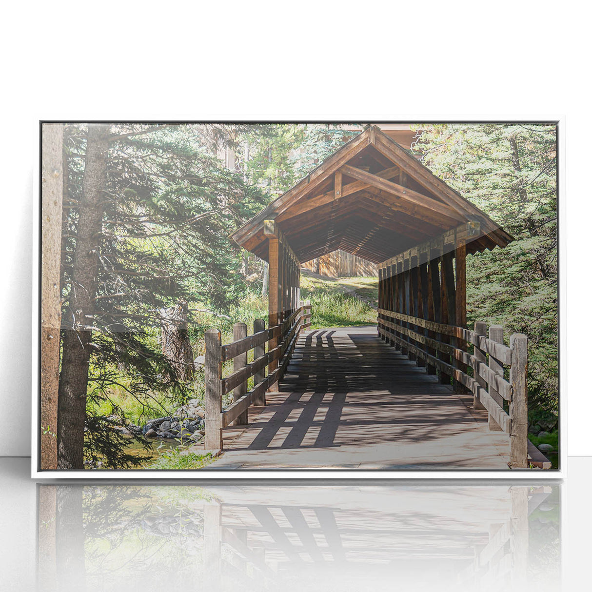 Acrylic print of a snowy Vail, Colorado landscape in muted white and blue tones, framed in white.