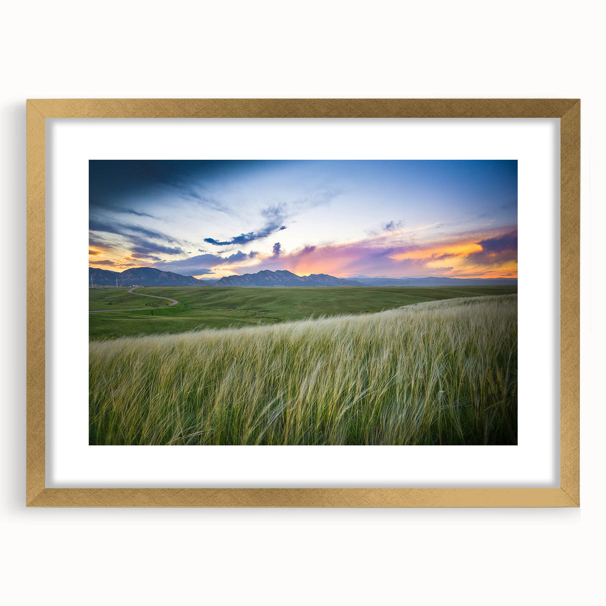 Extra large abstract art print featuring textured scenery of Boulder, Colorado in gold frame, ideal for living room decor.