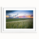 Abstract art print of Boulder, Colorado in muted earth tones on a framed white mat, ideal for dining room decor.