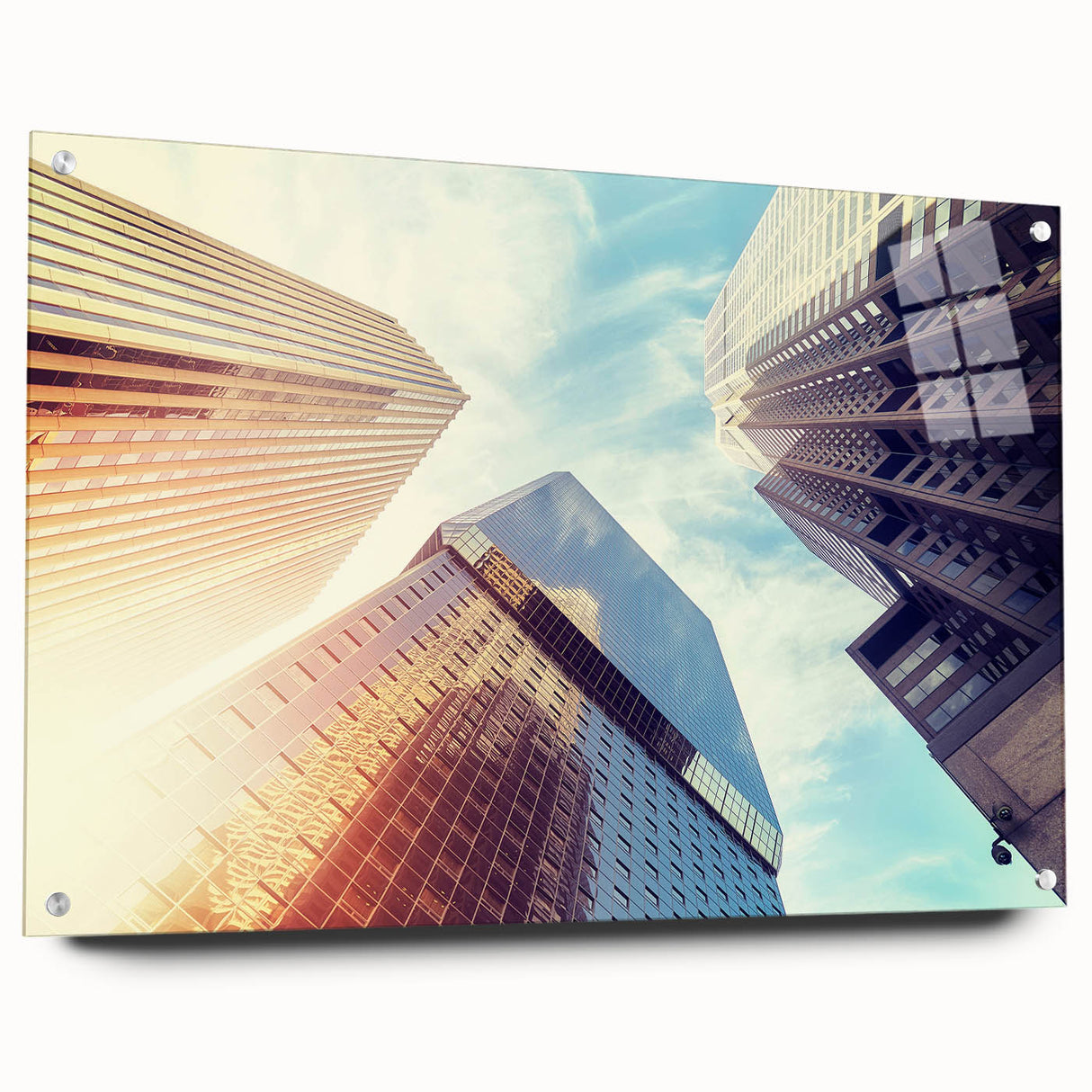 Acrylic print of a large abstract depiction of the Denver skyline in cool blue and green tones.