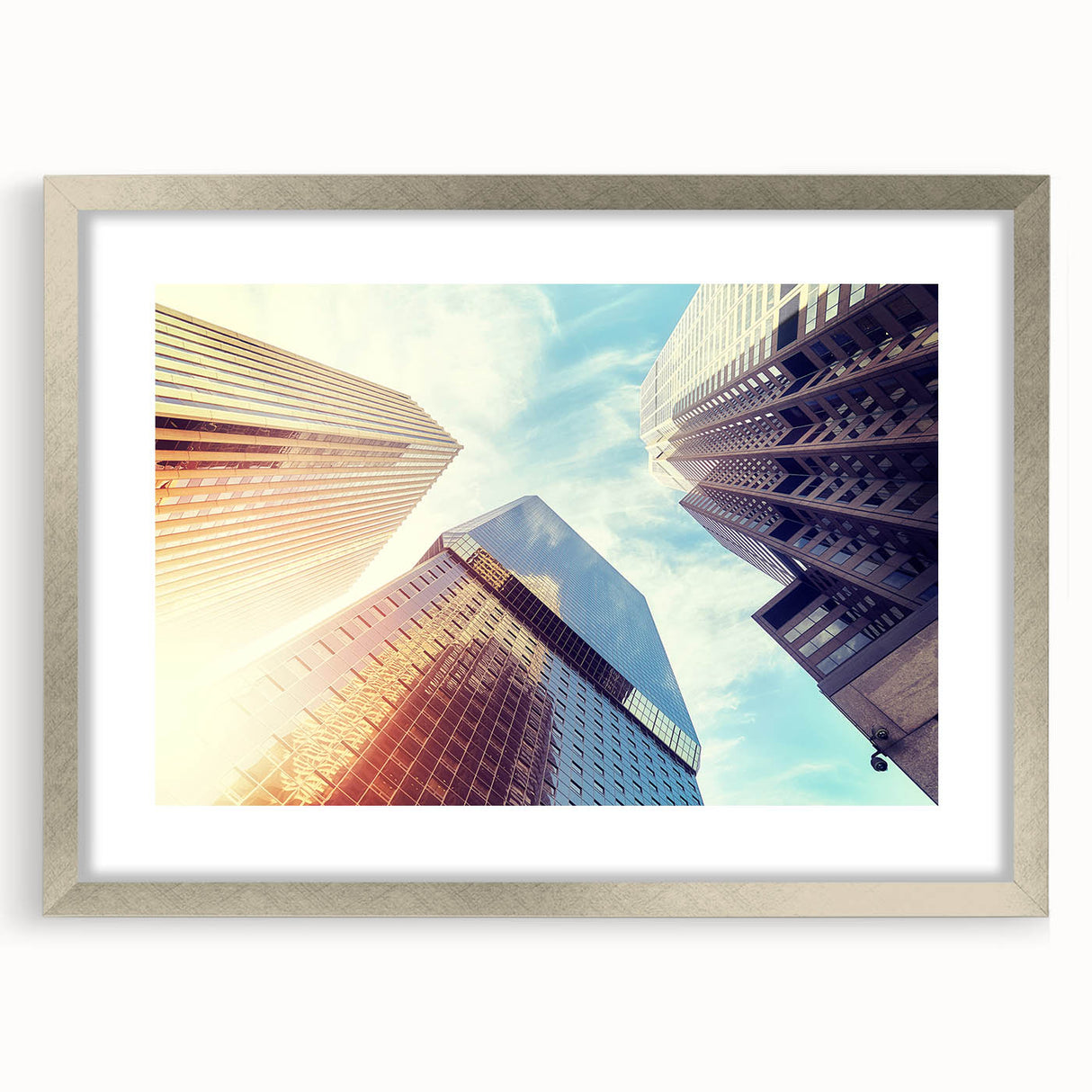 Textured abstract art print depicting a muted Denver skyline on a silver-framed mat, suitable for bedroom art.