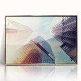 Framed acrylic print of Denver skyline in mid-century modernist style with gold and blue tones.