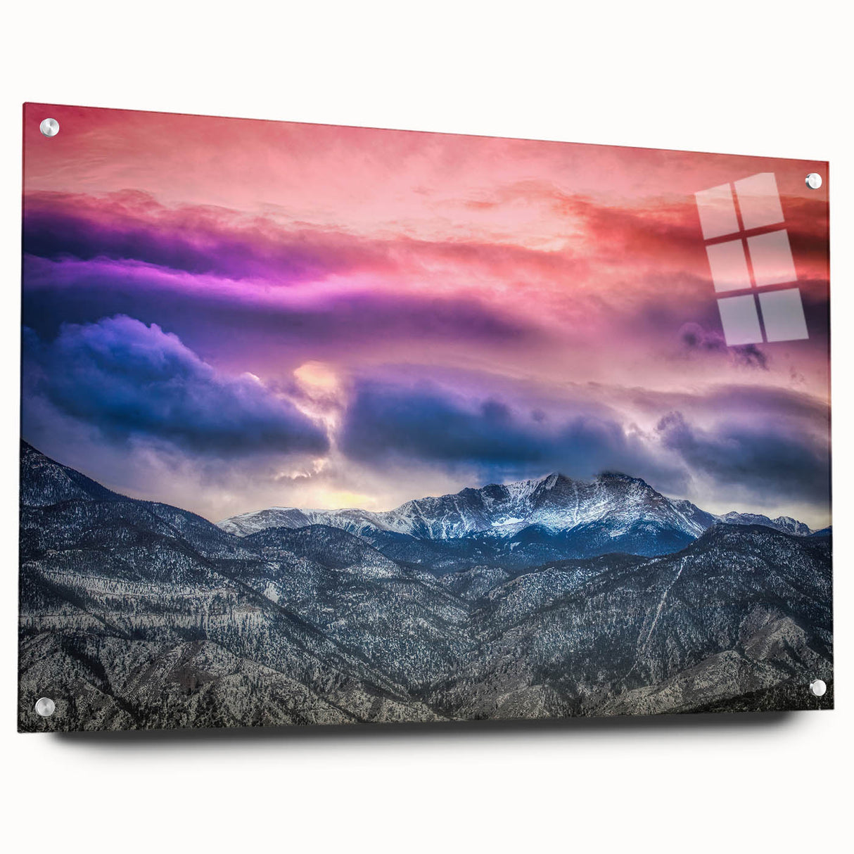 Acrylic print of Pikes Peak with soft blue and gray tones, ideal for bedroom or dining room decor.