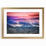 Extra large abstract art print of Pikes Peak in textured hues of blue and green on a gold-framed canvas.