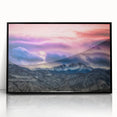 Large abstract wall art depicting Pikes Peak in muted earth tones, framed in black acrylic.
