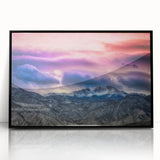 Large abstract wall art depicting Pikes Peak in muted earth tones, framed in black acrylic.