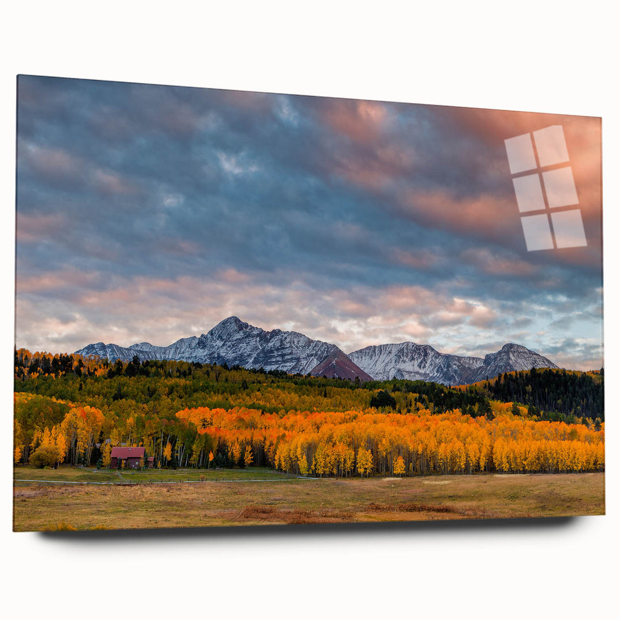 Large abstract wall art of Telluride, Colorado in muted earth tones on acrylic glass, ideal for bedroom or dining room decor.