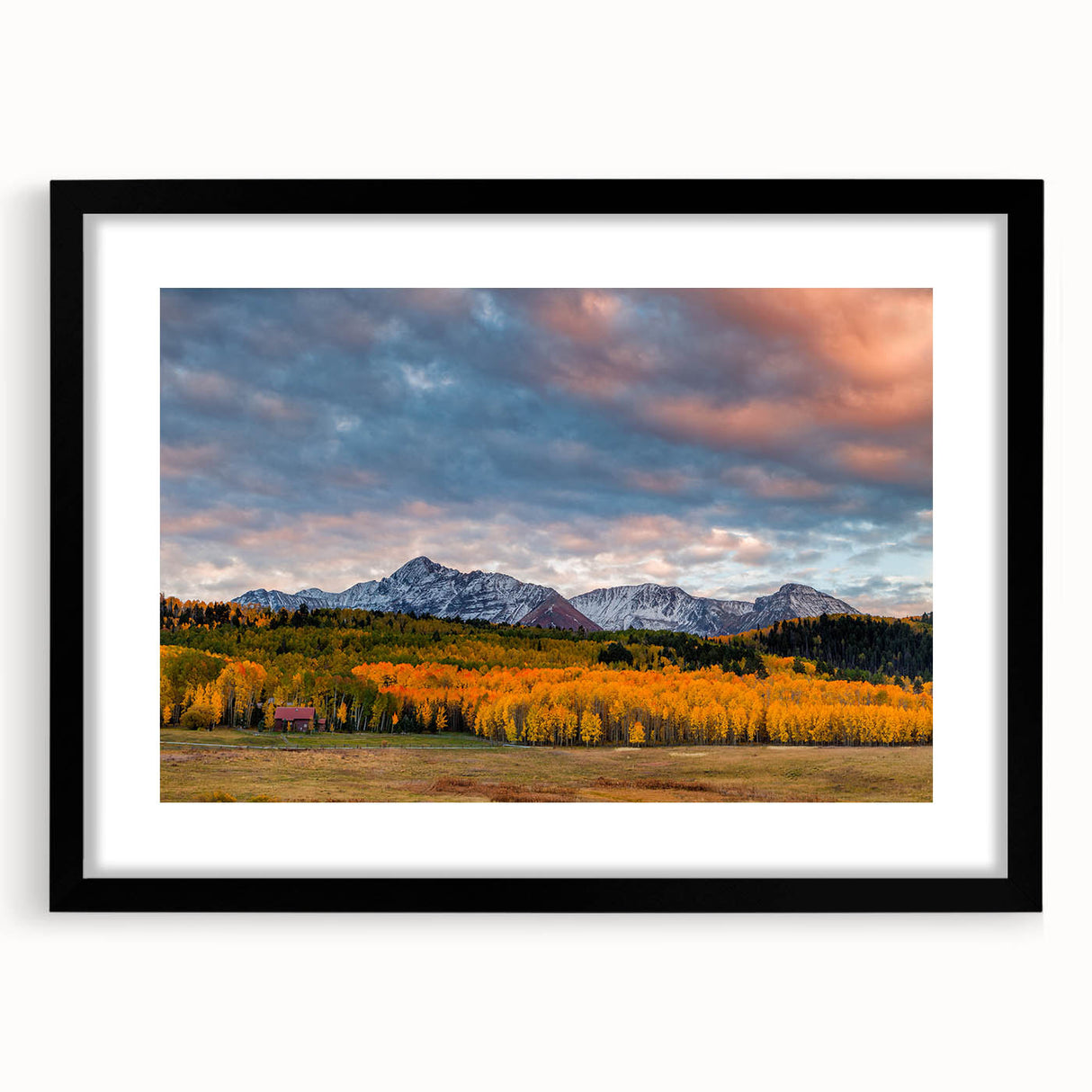 Extra large abstract art print featuring colorful, textured scenery of Telluride, Colorado, in a black frame with mat.