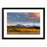 Extra large abstract art print featuring colorful, textured scenery of Telluride, Colorado, in a black frame with mat.