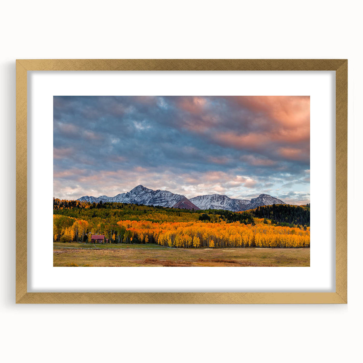Extra large abstract art print of Telluride, Colorado in textured gold frame, featuring earthy tones.