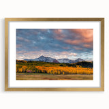 Extra large abstract art print of Telluride, Colorado in textured gold frame, featuring earthy tones.