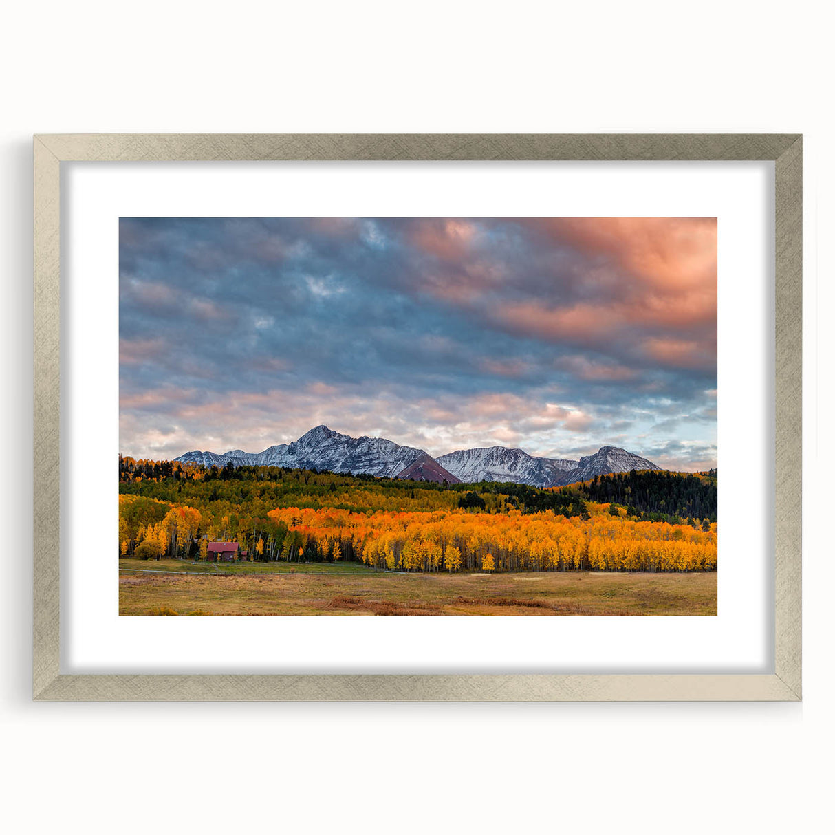 Textured art print of abstract Telluride, Colorado scenery in silver frame, featuring earthy tones, ideal for bedroom art.