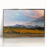 Mid-century modernist art depicting Telluride, Colorado landscape in acrylic, framed in silver.