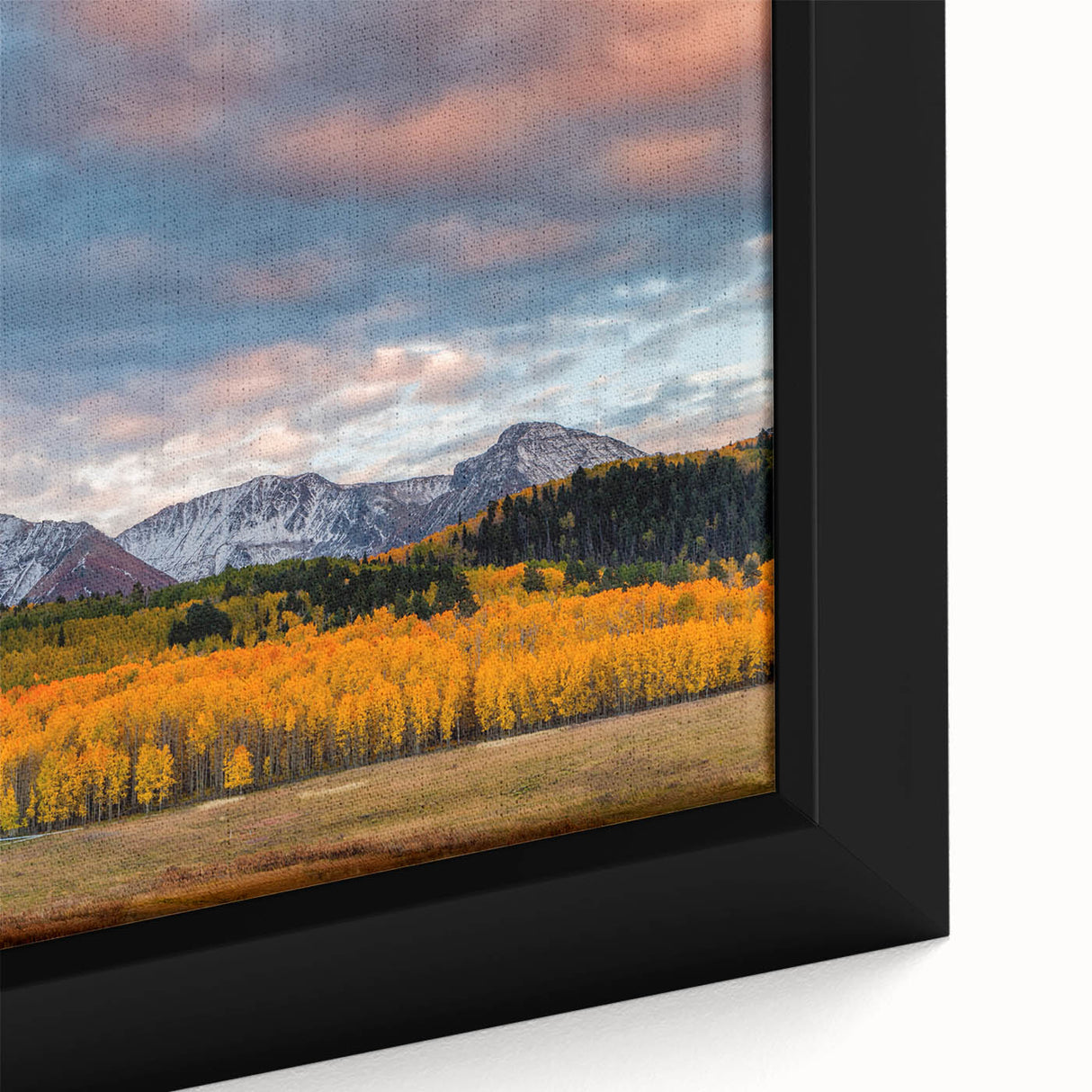 Black wall art depicting a textured Telluride, Colorado scenery in vibrant colors on a framed canvas.