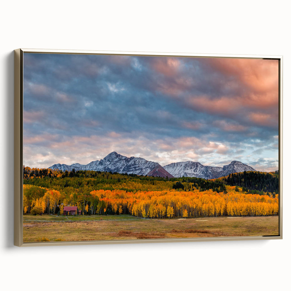 Framed canvas depicting a vintage-style landscape of Telluride, Colorado, in muted earth tones, ideal for bedroom wall art.