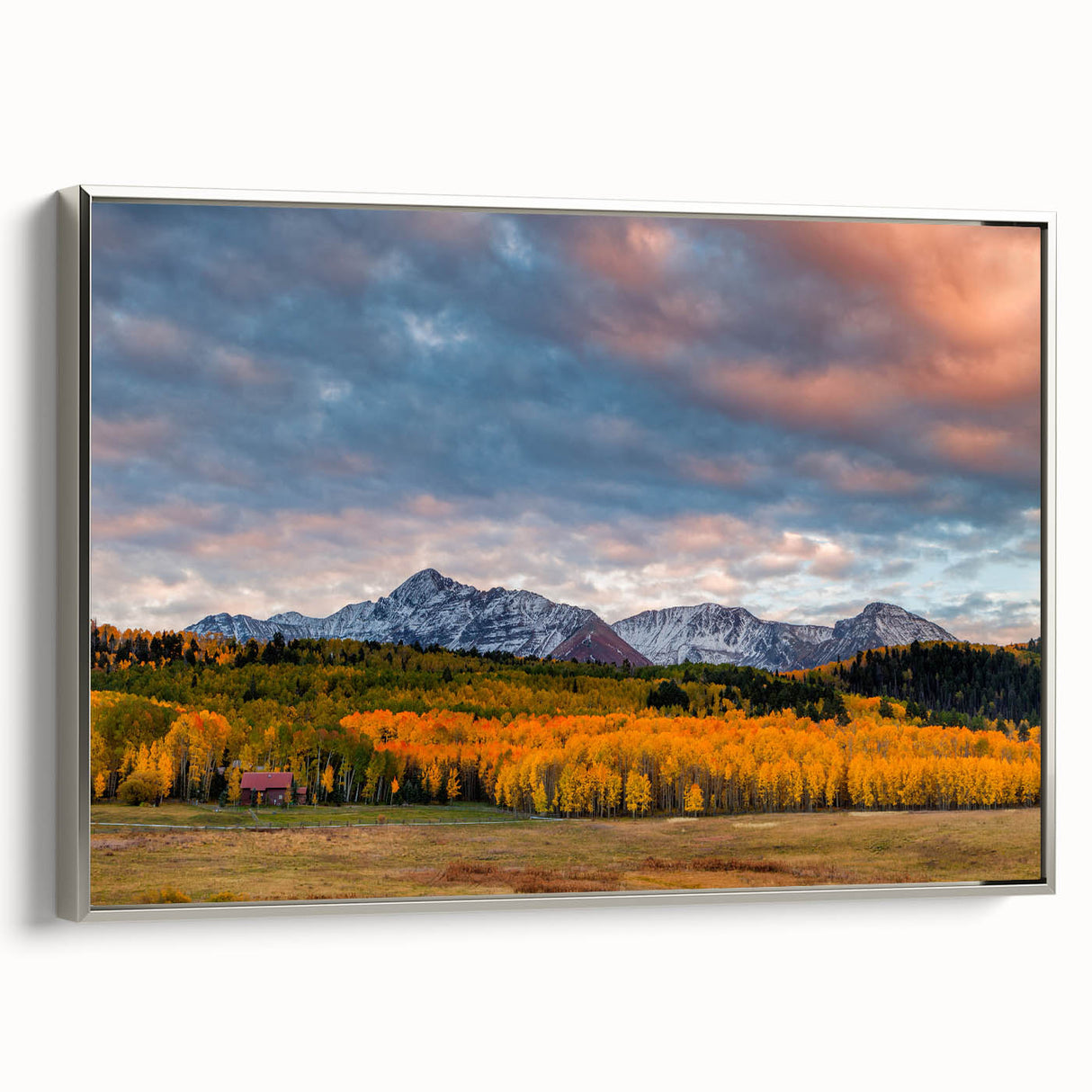 Framed canvas landscape art painting of Telluride, Colorado with colorful autumn trees and silver frame.