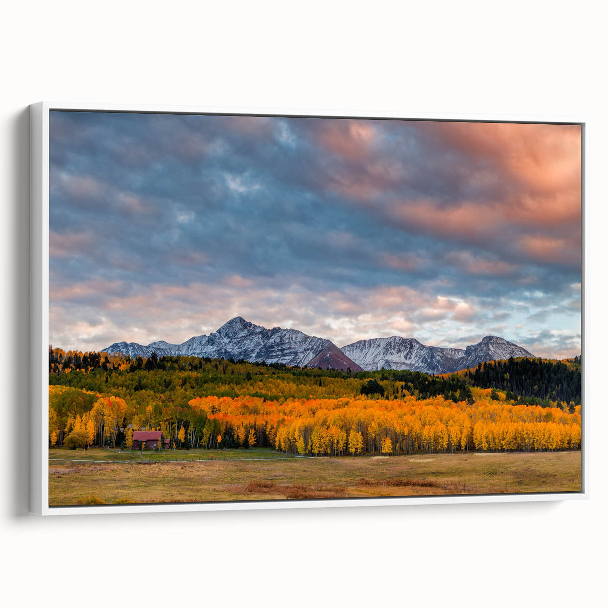 Vintage poster art of Telluride, Colorado, featuring colorful landscape on a large framed canvas.