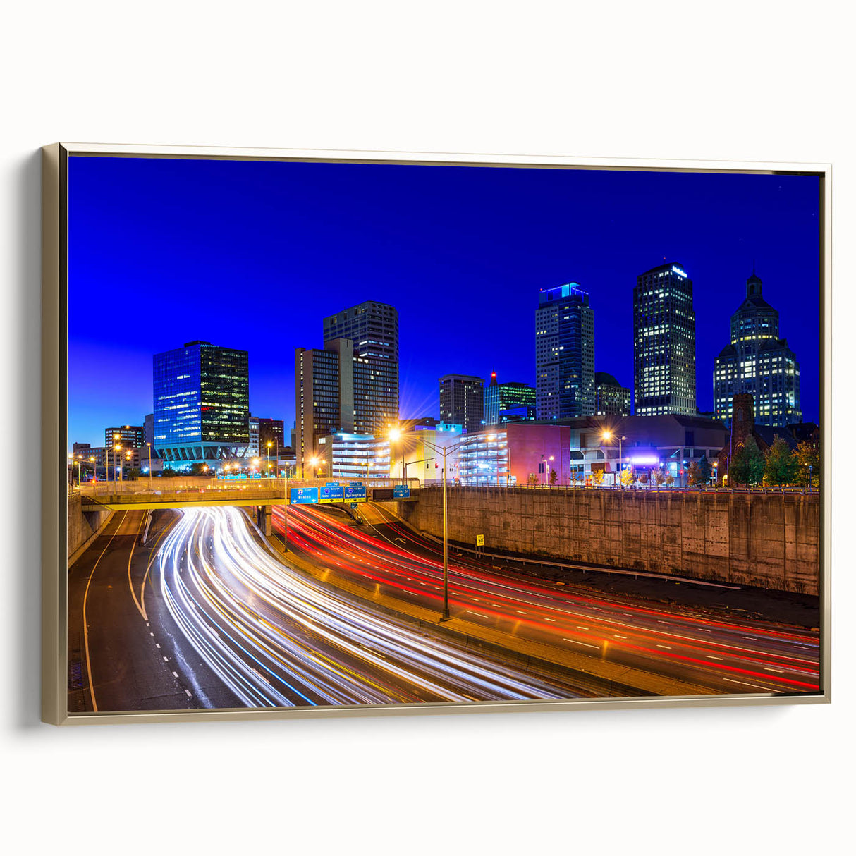 Framed canvas wall art featuring a vintage-style Connecticut landscape in black and gold tones, ideal for bedroom decor.