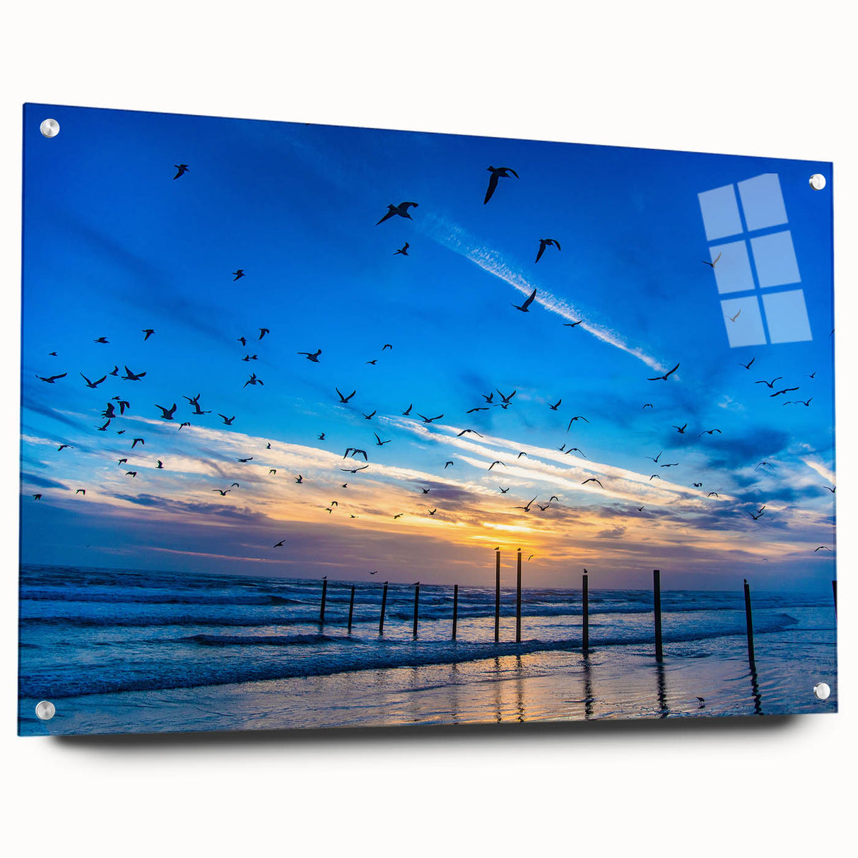 Acrylic print of a large abstract depiction of Daytona scenery in blue and gray tones.