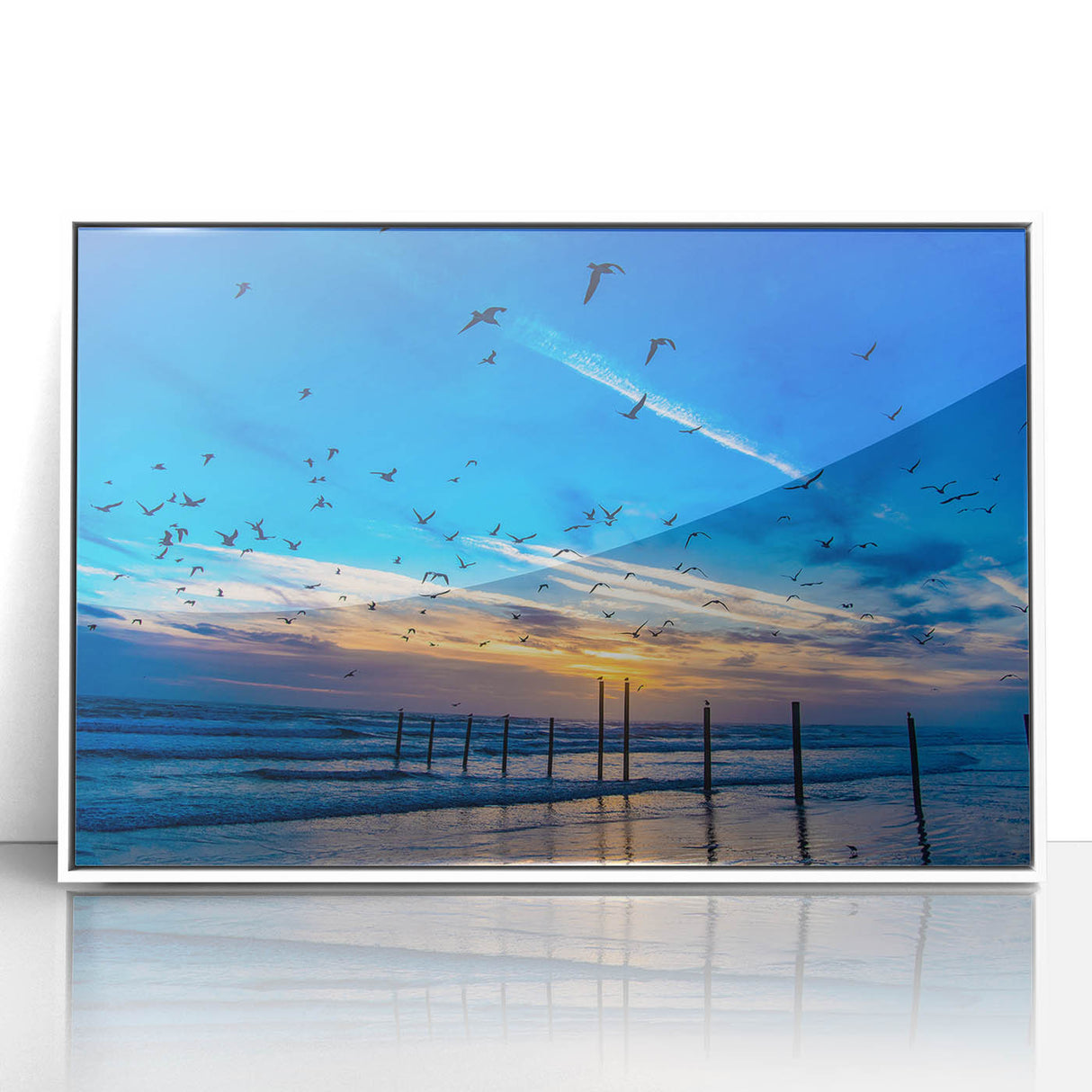 Art deco style poster of Daytona scenery on white acrylic, framed, with pastel blue and pink tones.