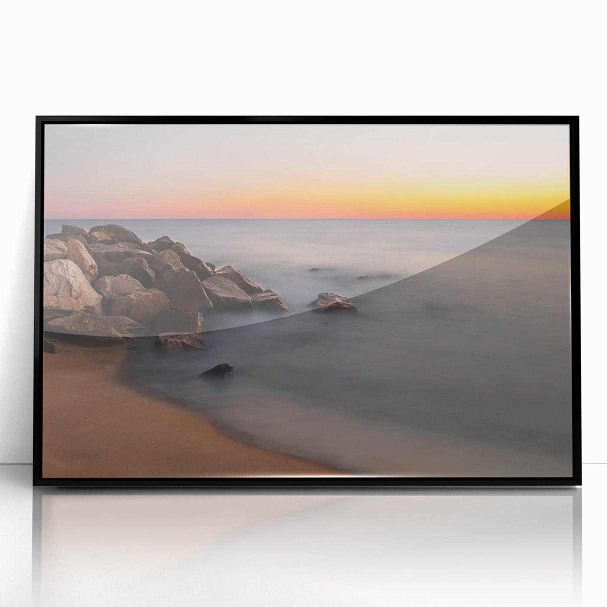 Large abstract wall art depicting Delaware scenery on framed acrylic, in black and gray tones.