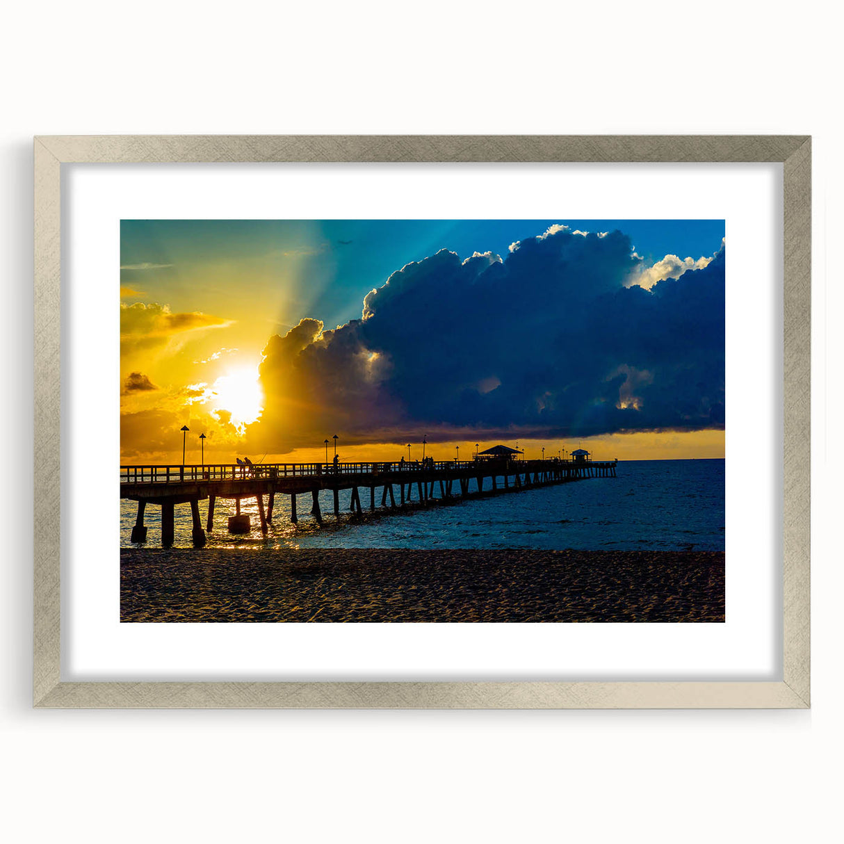 Textured abstract art print of Fort Lauderdale skyline in muted gray and silver frame, suitable for bedroom decor.