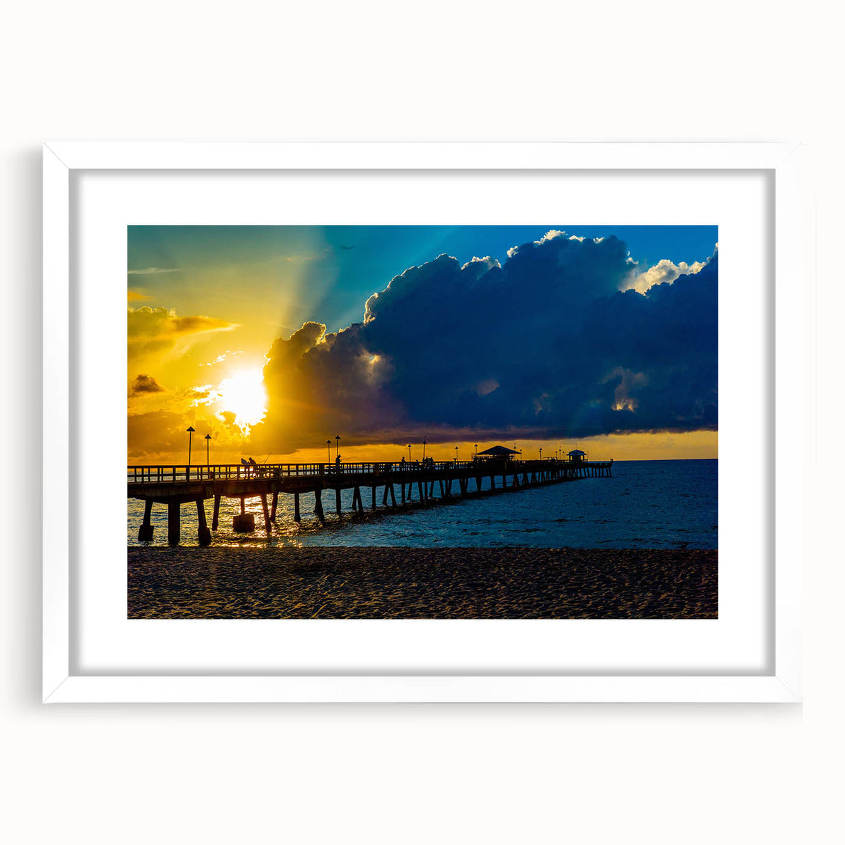 Abstract art print of Fort Lauderdale scenery in muted blue and gray tones on a white framed canvas.
