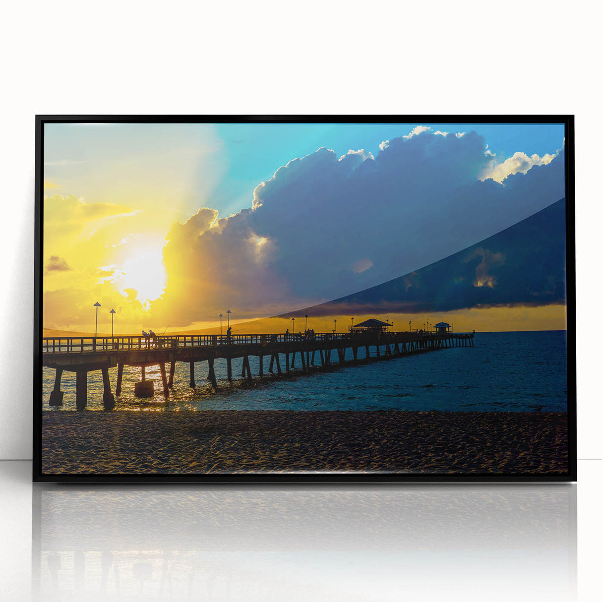 Large abstract wall art depicting Fort Lauderdale scenery in muted gray and blue tones, framed in black acrylic.