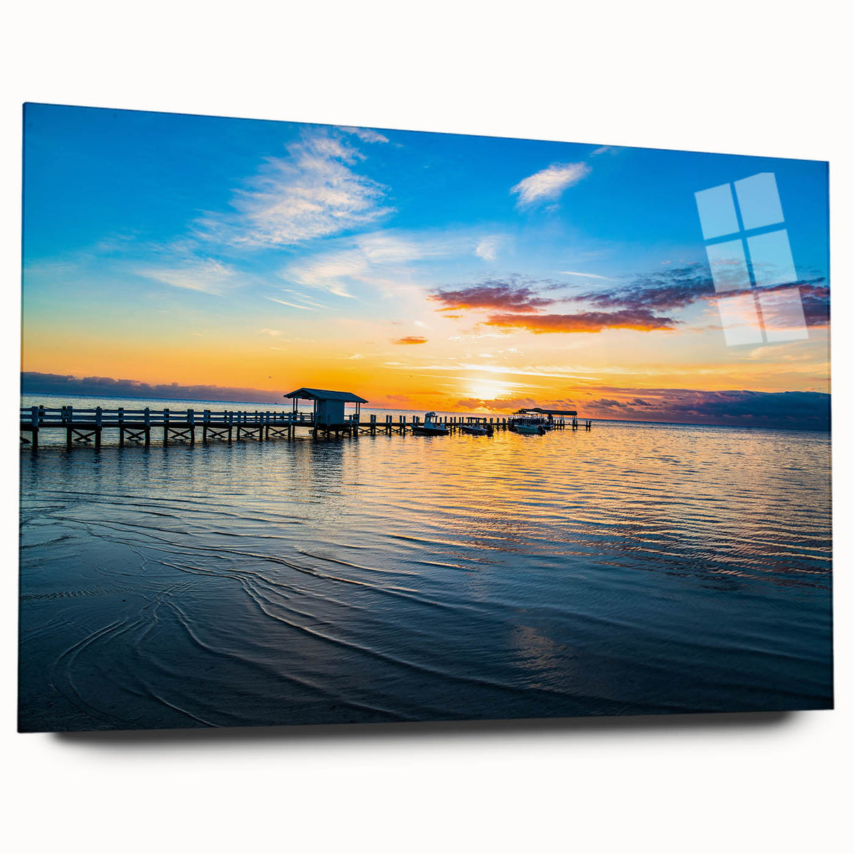 Acrylic print of a large abstract depiction of the Florida Keys in blue and green tones.