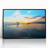 Large abstract wall art depicting the Florida Keys in mid-century modernist style, framed in black acrylic.