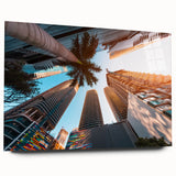 Acrylic print of a large abstract depiction of Miami in vibrant blue and pink tones, ideal for bedroom or dining room art.